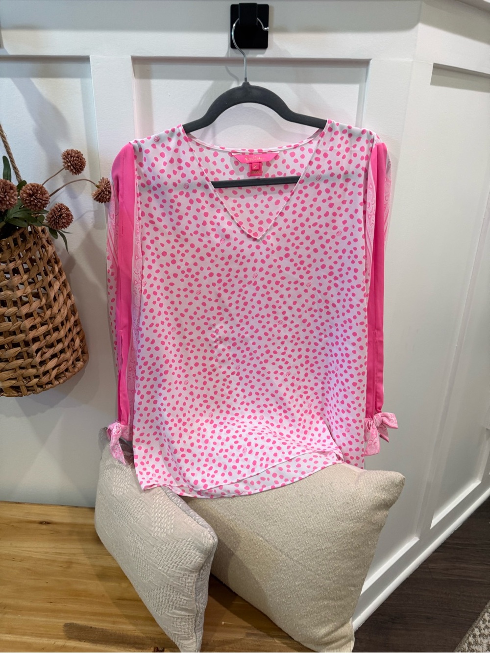 Lilly Pulitzer Pink Polka Dot V-Neck Tie Cuff Blouse